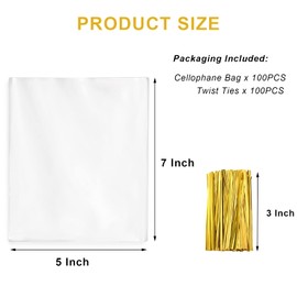 Cellophane Treat Bags, 5x7 Inches Cookie Bags With Twist Ties,Clear Cello Treat Bags for Candy,100 Pcs Party Favor Bags