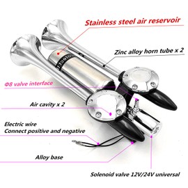 Viping Car Horn Ship Horn Prolong the sound Air Horn Loudspeaker Horn Silver Double Tube Truck Horn Metal Super Loud with Stainless Steel Air Tank Suitable for 12v 24v Train Ship Car Moto Truck ect