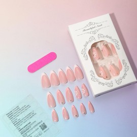 24Pcs Short Almond Press-On Nails Medium Pink Floral French Tip Glossy&Elegant Full Cover Fake Nails for Women&Girls Spring,Daily Wear