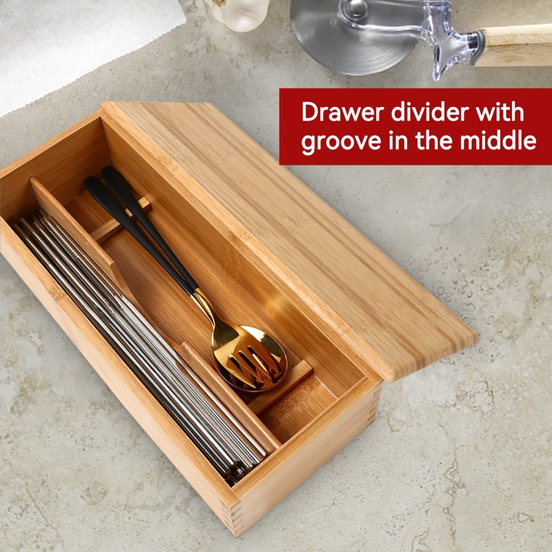 Wooden Cutlery Box with Lid, Silverware Utensil Holder Japanese Spoon