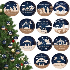 Soaoo 48 Pcs Nativity Scene Christmas Tree Ornaments Nativity Xmas Tree Hanging Decorations Wooden Nativity Ornaments Bulk Round Birth of Jesus Christian Ornaments for Christmas Tree Advent Decor