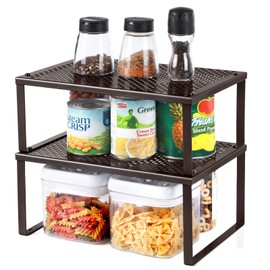 SONGMICS Cabinet Shelf Organizers, Stackable, Expandable, Set of 2 Metal Kitchen Counter Shelves, Brown UKCS01BR