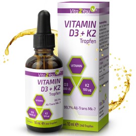 Vita2You Vita2You Vitamin D3 + K2 Tropfen - Vitamin D3 5000 IE - Vitamin K2 100µg pro Tropfen - K2VITAL - MK-7-99,7% All-Trans - MCT-Öl - Premium Qualität - Made in Germany