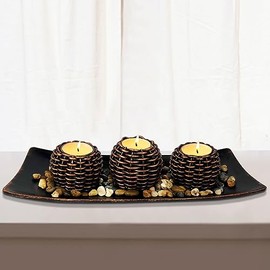 Decoración para mesa de café, 3 piezas de portavelas con bandeja y piedras, centros de mesa para sala de estar, comedor, dormitorio, decoración de mesa de entrada, regalo de Acción de Gracias