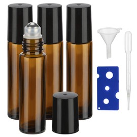 GIVITASOT 10ML Essential Oil Roller Bottles, 4 Pack Brown Oil Roller Bottles for Essential Oils, Roll on Bottle with Stainless Steel Balls(4 Labels, Opener, Funnel, Dropper Included)