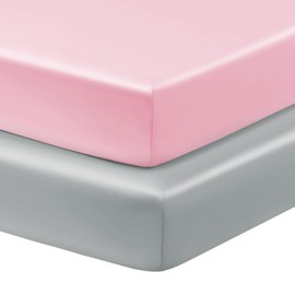Horbaunal 2 Pack Satin Pack n Play Sheets for Baby with Sensitive Hair and Skin, Silky Mini Crib Sheets 38" x 24" x 5", Soft Playard Sheet Protector Baby Mattress Sheet, Blush Pink & Grey