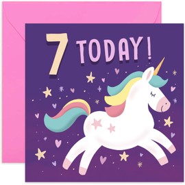 Old English Co. Happy 7th Birthday Card for Young Girl - Purple Unicorn Stars Hearts Seventh Birthday Card - Age Seven Card - For Daughter, Granddaughter, Niece, Sister, Goddaughter