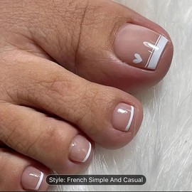 24Pcs/set French Style Heart Pattern Summer Toe Press On Nails - Glossy Pinkish Artificial Reusable Manicure False Nails - Nail Art, Nail Care