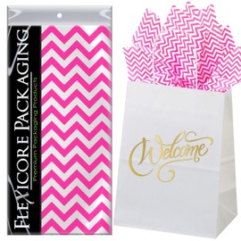Flexicore Packaging White Kraft Paper Welcome Bags & Hot Pink Gift Wrap Tissue Paper | Size: 8 Inch X 4.75 Inch X 10.5 Inch | Count: 50 Bags | Color: Hot Pink Chevron