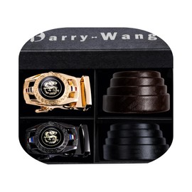 Barry.Wang Men's Leather Belt Black Ratchet Belt with 3 Automatic Buckles Adjustable Strap Business Gift Box, Gold Black Check Pattern