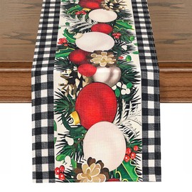 Camino de Mesa Navideño,Adornos de Invierno para la Mesa de la Cocina,Adornos de Interior para Fiestas en el Exterior,Tejido de Lino Duradero (33*183cm, Bola de Navidad a cuadros blancos y negros)
