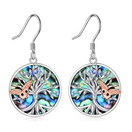 Tree of Life Drop Earrings Owl Heart Shaped Dangle Earrings 925 Sterling Silver Earrings Cubic Zirconia Jewellery Gift for Women Girsl Mum Mother Friends Girlfriend (Abalone shell)