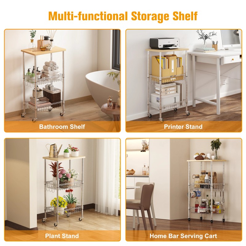3-Tier Rolling Kitchen Storage Cart with Adjustable Wire Baskets Mobile