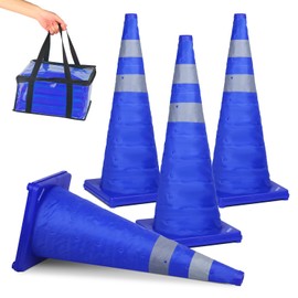 BATTIFE [4 Pack] 28 Inch Collapsible Traffic Safety Cones, Multi Purpose Pop-up Cones and Reflective Collar, for Road Parking, Driving Practice (Blue)