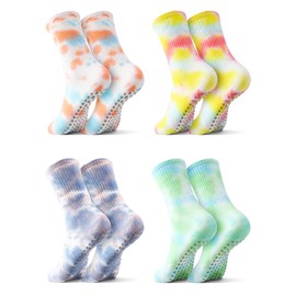 Invalidism 4 Pairs Pilates Grip Socks Tie Dye Non Slip Yoga Socks for Women with Grips Cotton Athletic Socks Ladies Grippy Socks for Home Gym Workout Sports Fitness Barre Ballet Dance (Light)