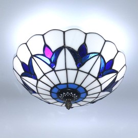 Skyweel 16 Inch Vintage Chandeliers Light Tiffany Style Ceiling Light Stained Glass Flush Mount Ceiling Lighting Fixture Lamp (16 Inch White Blue)