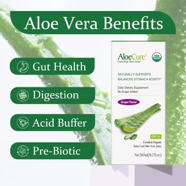 AloeCure AloeCure USDA Organic Aloe Vera Juice Grape Flavor, Made Within 12 Hours of Harvest - Pure Aloe Vera Digestive & Immune Health Supplement, Helps Maintain Balanced Stomach Acidity, 16.7oz x 4 Btls
