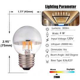 4W Half Chrome Light Bulbs Dimmable G45, Silver Tipped Mirror Retro Decorative LED Edison Bulb E26 Base 2700K Soft White 40W Equivalent Edison Bulbs with Half Chrome LED for Home Lighting , 4-Pack
