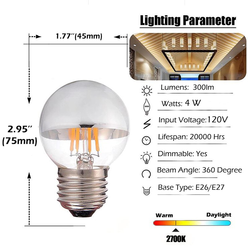 4W Half Chrome Light Bulbs Dimmable G45, Silver Tipped Mirror