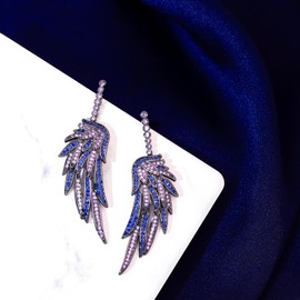 S925 Sterling Silver Post Dangle Drop Angel Wings Earrings for Women Gold Blue Cubic Zirconia Crystal Guardian Angle Dangling Earrings for Wife Mom Her (Blue)