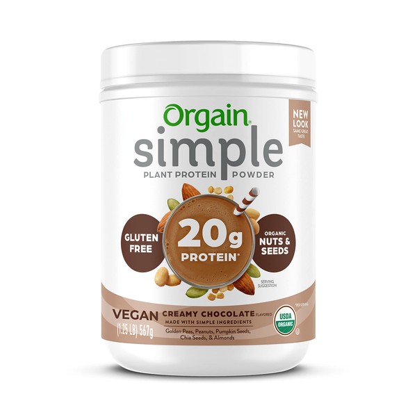 Orgain Organic Simple Vegan Protein Powder, Chocolate - 20g Plant Based Protein, Made with Fewer Ingredients, No Stevia or Artificial Sweeteners, Gluten Free, Dairy Free, Soy Free - 1.25lb
