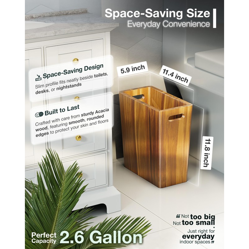 BLUEWEST 2.6 Gallons Wooden Wastebaskets – Solid Acacia Wood Trash