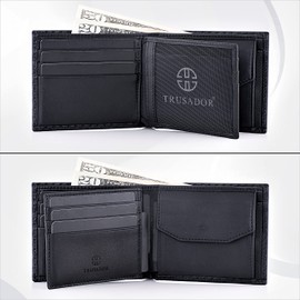 TRUSADOR Treviso Mens Wallets Bifold Leather with Coin Pocket Rfid Blocking, Carbon, Classic