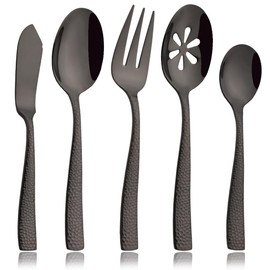 JASHII 5-Piece Black Hammered Flatware Hostess Set Stainless Steel Serving Fork Slotted Serving Spoon Butter Knife Teaspoon Set for Buffet Party Mirror Polished Dishwasher Safe