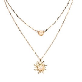 COLORFUL BLING 2 Layer Double Chains Moon and Sun Layered Choker Necklace Sunflower Opal Pendant Necklace Gift for Women - Gold