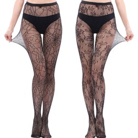2 Stücke Sexy Strumpfhosen - Hochbund Fischnetz Gotik Spitzenstrumpfhose mit Floral Lace Spinnennetz Design, dehnbar und atmungsaktiv Ideal für Party, Alltag und Date Night
