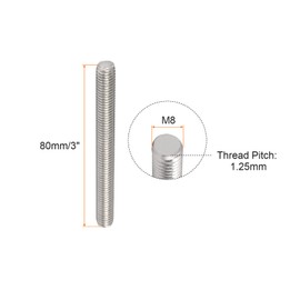 Rebower 10pcs Full Thread Rod 304 Stainless Steel Rod Bar Stud for Clamp and U-Bolt M8 x 80mm 1.25mm Pitch Male Thread Silver
