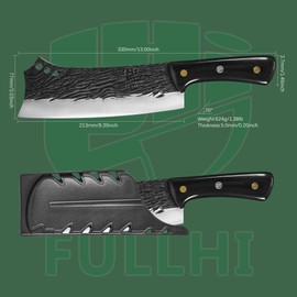 FULLHI Butcher Knife Hand Forged heavy Meat Cleaver bbq Chef Knife with Sheaths Black High Carbon Steel Meat Cutting Kitchen Knife Set for Kitchen Camping BBQ Gifts Idea Men (Black, 8.3 inch)