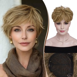 RUWISS Short Hair Toppers for Women Real Human Hair, 5x5.5 Base Pixie Cut with Bangs, Clip-In Curly Hairpieces for Women with Thinning Hair, Light brown（Brown with 35% Blonde）