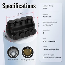 RVBOATPAT 4 Port Insulated Tap Connector 2/0-6 AWG Electrical Power Connectors 3/16" Allen Hex Aluminum Wire Connector - 6 Pack