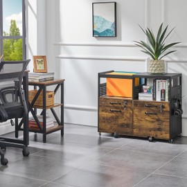 Yaheetech Modern Lateral File Cabinet with Drawers Mobile Filing Cabinet for A4, Letter-Size Home Office Printer Stand Rolling Storage Organizer with Open Compartments