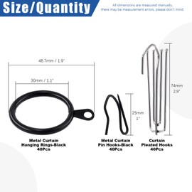 Glarks 120Pcs Black Metal Drapery Curtain Hanging Rings with Stainless Steel 4 Prongs Curtain Pleat Hooks and Curtain Pin Hooks for Window Door Bathroom Curtain, 30mm Internal Diameter (Black)