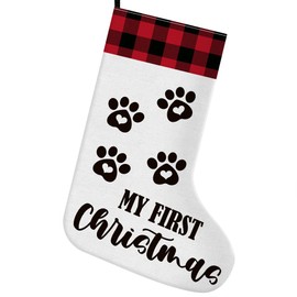 Muktoujaumai Dog Cat Christmas Stocking Gifts, My First Christmas, Burgundy Buffalo Love Heart Paws Christmas Stocking Christmas Xmas Decor Holiday Decoration for Home Party Cat Dog Mom Dad Gifts