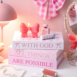 Beeveer 3 Pcs Pink Bow Decorative Books with Bible Verses for Coquette Room Decor Christian Preppy Fake Books With God All Things Are Possible Magnetic Storage Box for Back to School Gift Bookshelf