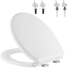 Hibbent Premium Round Toilet Seat with Cover Quiet Close, One-Click to Quick Release, Easy Installation Non-Slip Seat Bumpers, Slow Close Toilet Seat and Cover, Easy Cleaning-White Color
