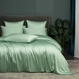 Luofanfei Cooling Summer Bed Linen 135 x 200 cm Mint Green Bamboo Polyester Shiny Smooth Plain Bed Linen Set Luxury Plain Two-Piece Duvet Cover Set 135 200 cm Single Bed with Zip