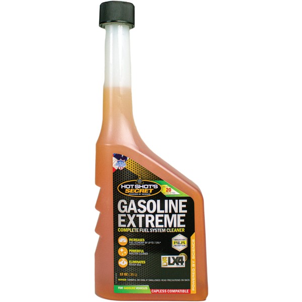 ‎Hot Shot's Secret Gasoline Extreme – Concentrated One Tank Cleaner – Synthetic Formula – Fuel System Cleaner – Lubricates Engine Components – Increases Fuel Economy, Orange, 12.00 Fl Oz (Pack of 1)