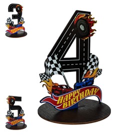 JHGCVX Race Car 4th Birthday Number Sign Centerpiece,Race Car Theme 4th Number Stand Sign,Wooden Table Decoration Photo Props for F1 Racing 4th Birthday Decorations