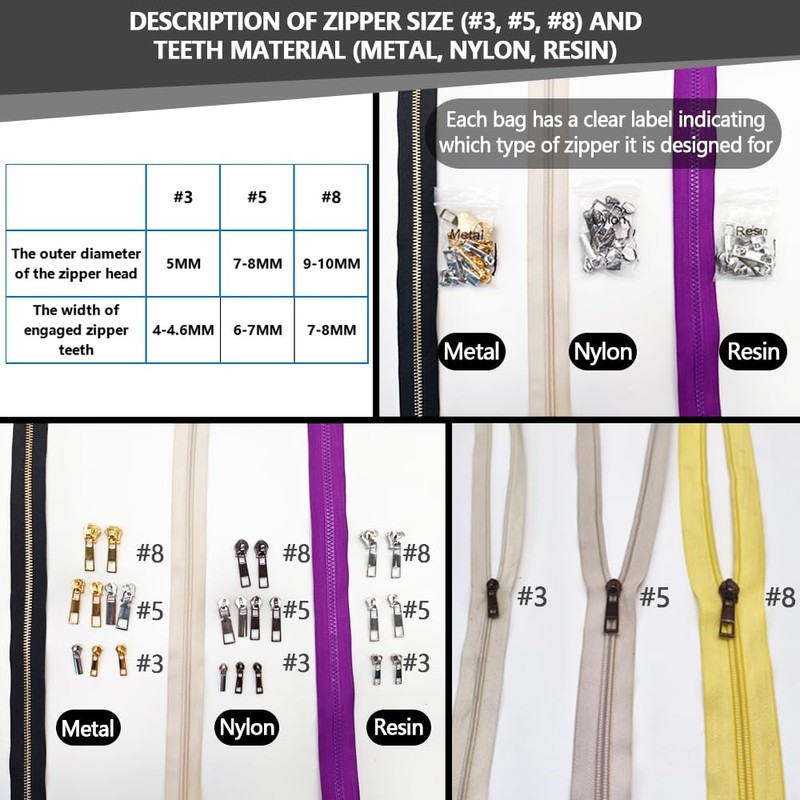 105 Pieces Zipper Repair Kit #3#5#8, Zipper Replacement with Install