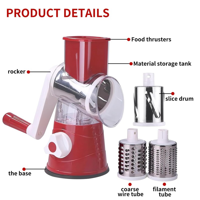 Rotary Cheese Grater - Vegetable Slicer with 3 Interchangeable Stainless