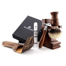 Jag Shaving Set - Sustainable 4-Piece Wooden Shaving Set - Silver-Tip Badger Hair Shaving Brush - Double Edge Razor Blades Safety Razor - Safety Razor - Leather Bag for Safety Razor