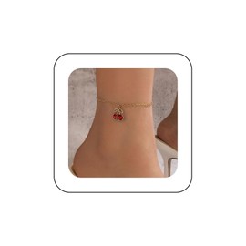 Yheakne Vintage Red Cherry Anklet Chain Red Ruby Dangle Ankle Bracelet Gold Chain Anklet Bracelet Summer Beach Foot Chain Jewellery for Women and Girls