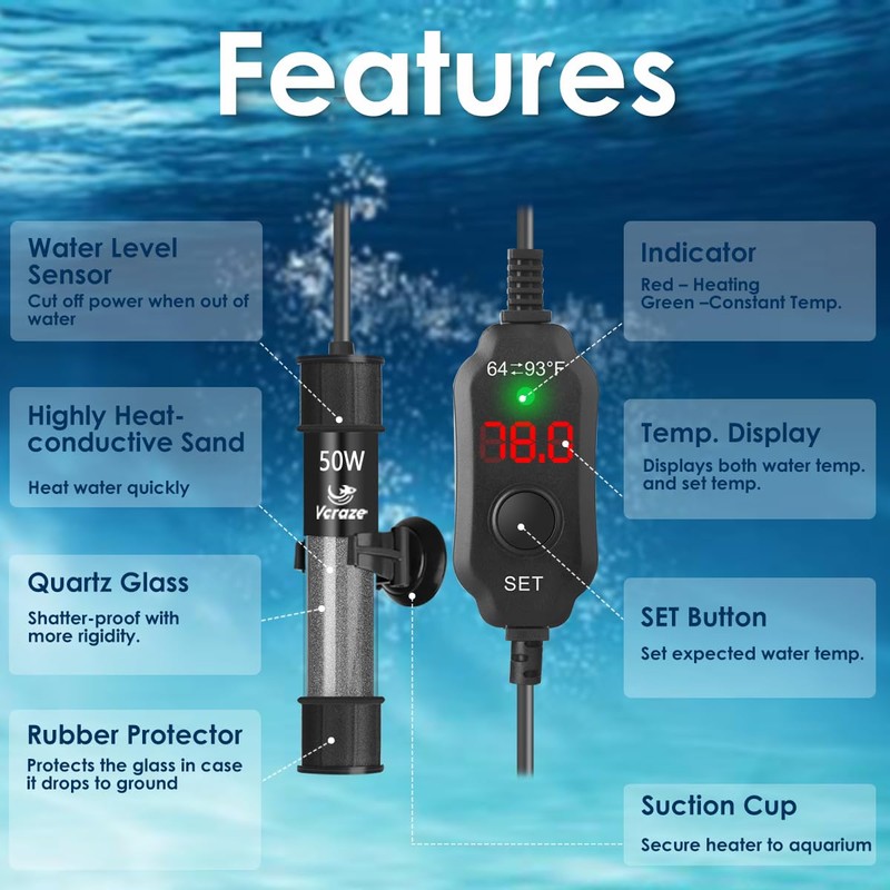 VCRAZE Super Compact 50W Fish Tank Heater, Submersible Aquarium Heater