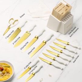 Astercook 15 Pieces Knife Set, Healthy Gold Titanium Coating Kitchen Knife Sets, Full Tang Knives Set with Block and Built-in Sharpener, German Stainless Steel Knife Block Set Dishwasher Safe Gold