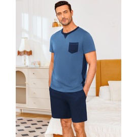 Marvmys Men's Pyjamas Set Summer Cotton Short Pjs Loungewear Nightwear Round Neck T-Shirt and Shorty Bottoms Blue
