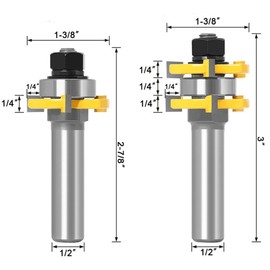 Bestgle 1/2" Shank Tongue and Groove Router Bit Set, 3 Teeth T-Shape Woodworking Milling Cutter Tool (Up to 3/4 Stock, 1/4" Depth, 1-3/8 Cutting Dia.)